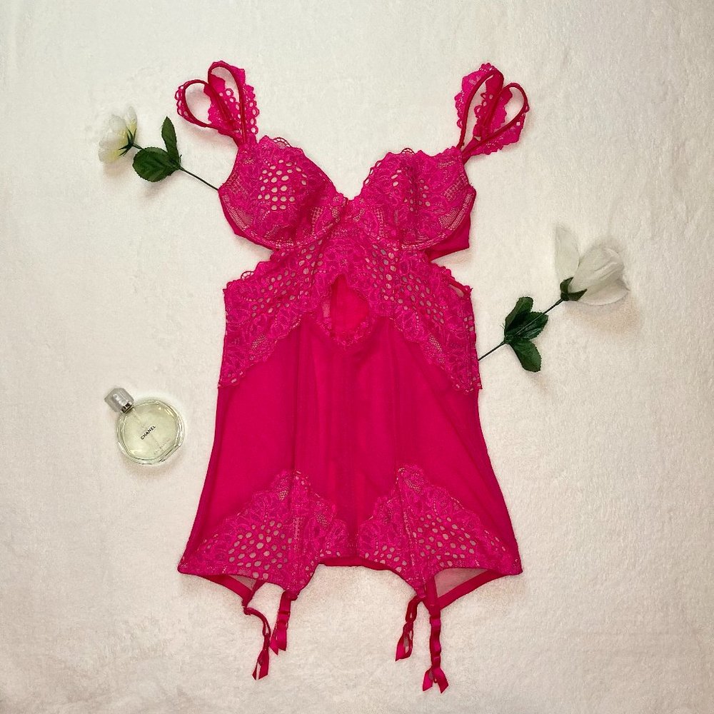 Victoria's Secret Hot Pink Mesh And Lace Teddy Lingerie